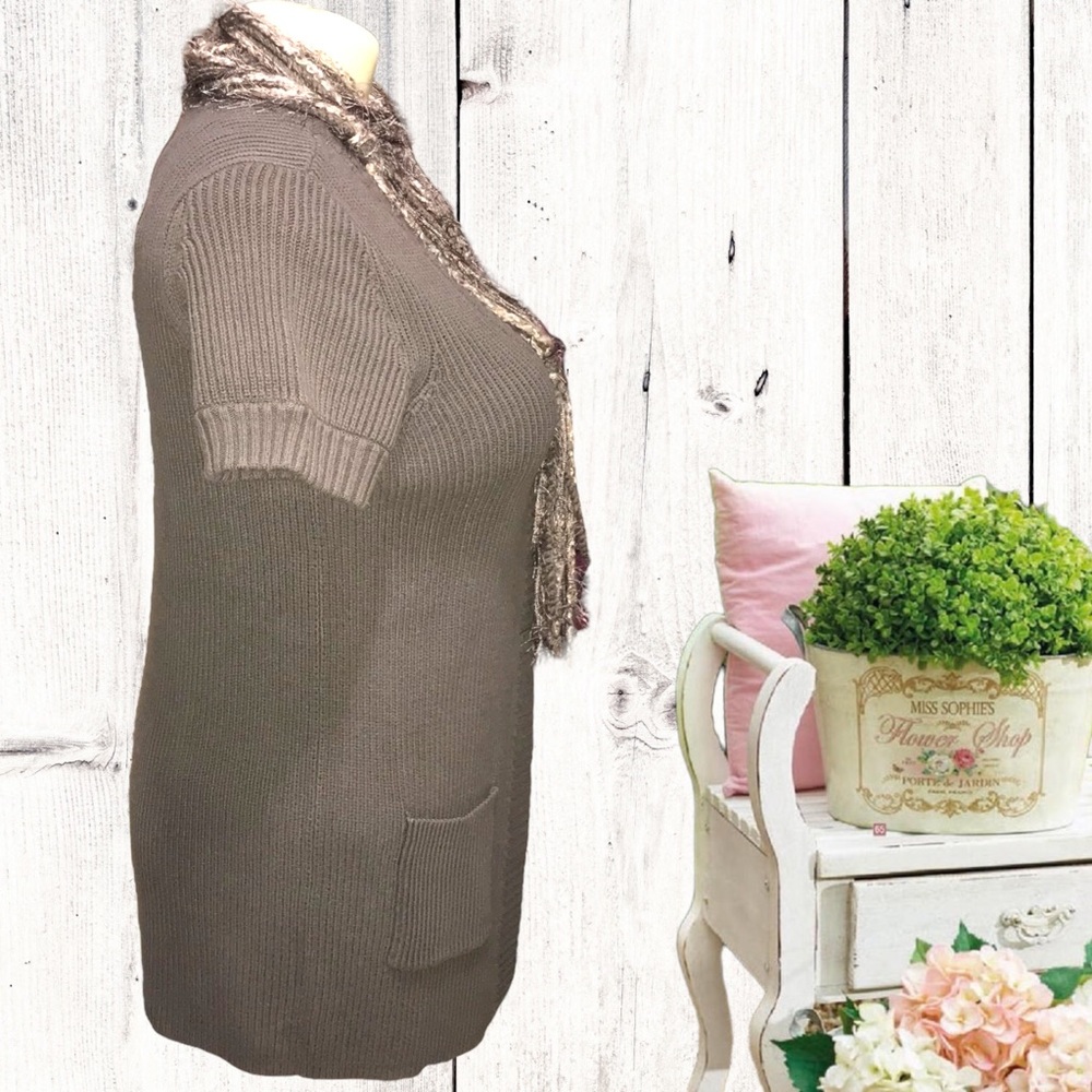 ANN TAYLOR Mid-Length Ribbed Knit Open Front Short Sleeve Cardigan - Picture 7 of 11